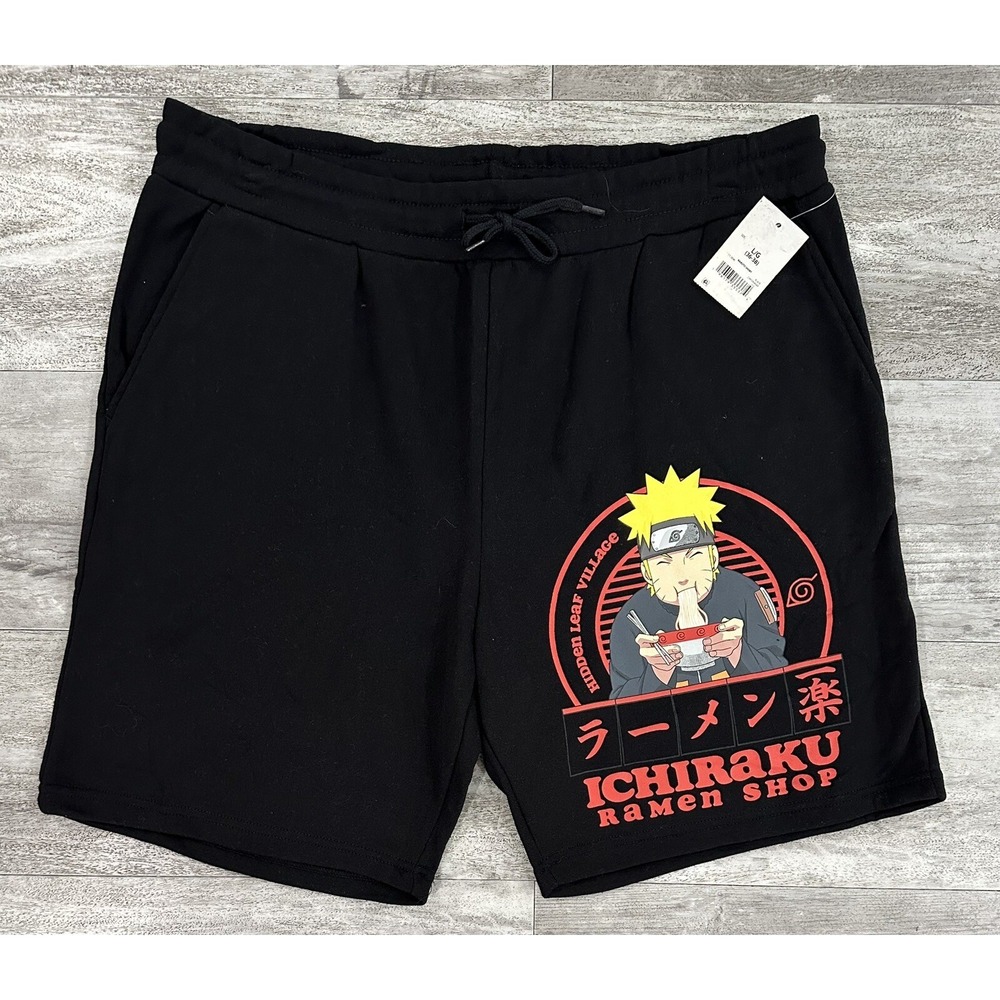 Naruto Shippuden Ichiraku Ramen Shop Fleece Sweat Shorts Mens Size L Black NEW